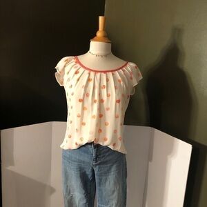 Lauren Conrad Cream W/Coral Polka Dots Shirt Sz XS